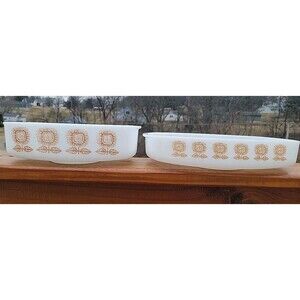 Lot of 2 FEDERAL GLASS Bread Milk Glass 1.5 qt pan BROWN SUN-FLOWERS Boho Retro